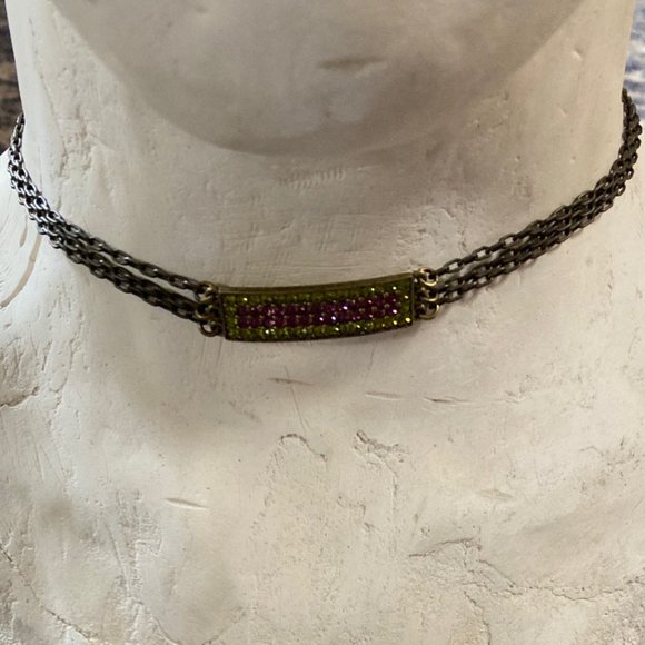 Tammassini Necklace Green and Purple Swarovski Crystal and Chain Choker - Picture 3 of 12
